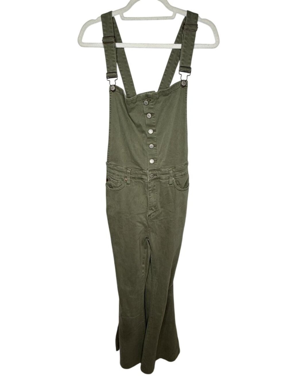 Judy Blue XL Olive Green Flare Overalls Raw Hem Button Front